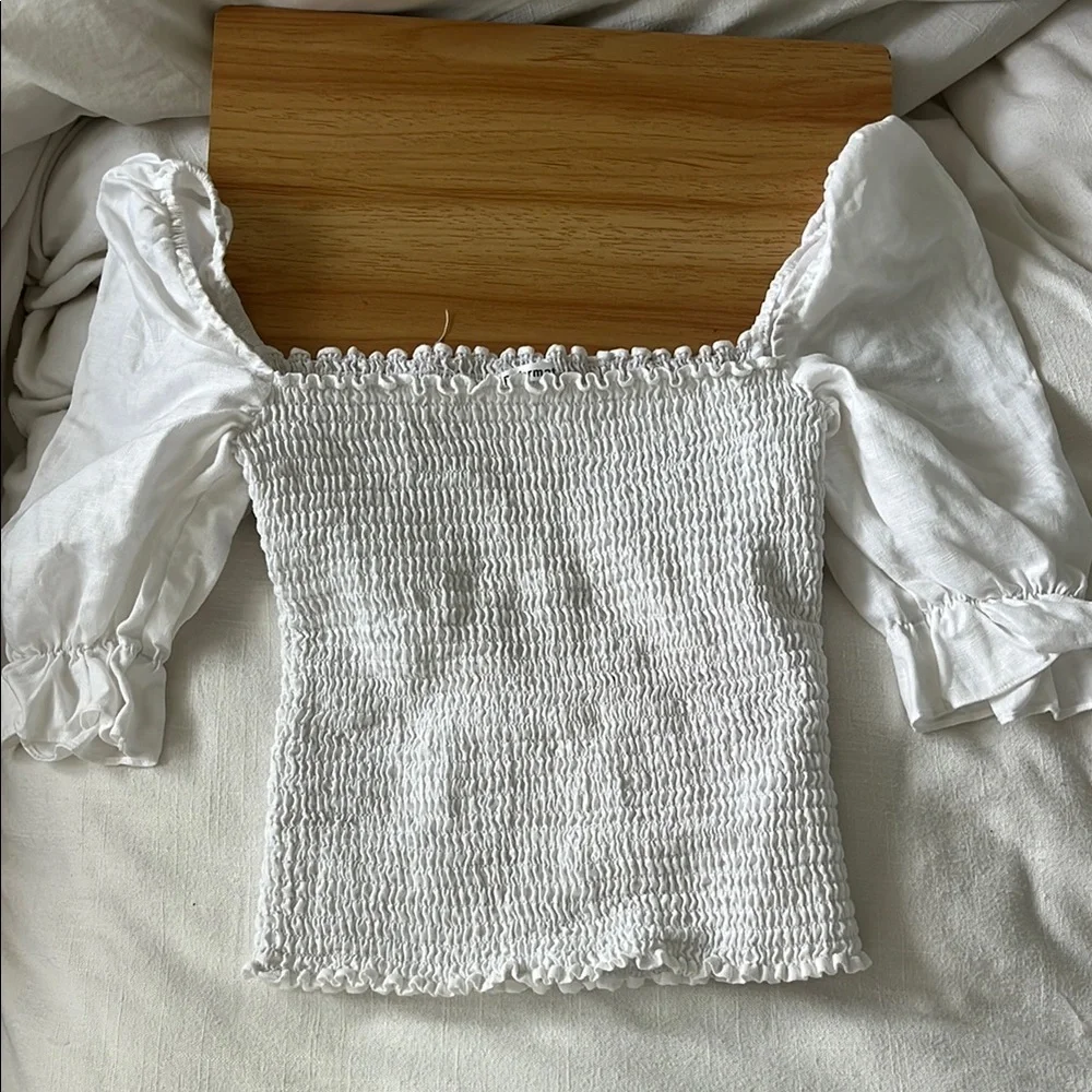 White Smocked Puff Sleeve Blouse - Picture 1 of 2